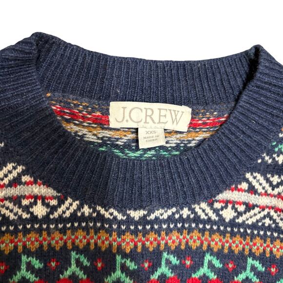 J. Crew Puff Sleeve Navy Heather Emerald Fair Isle Crewneck Sweater XXS Wool - Picture 3 of 7